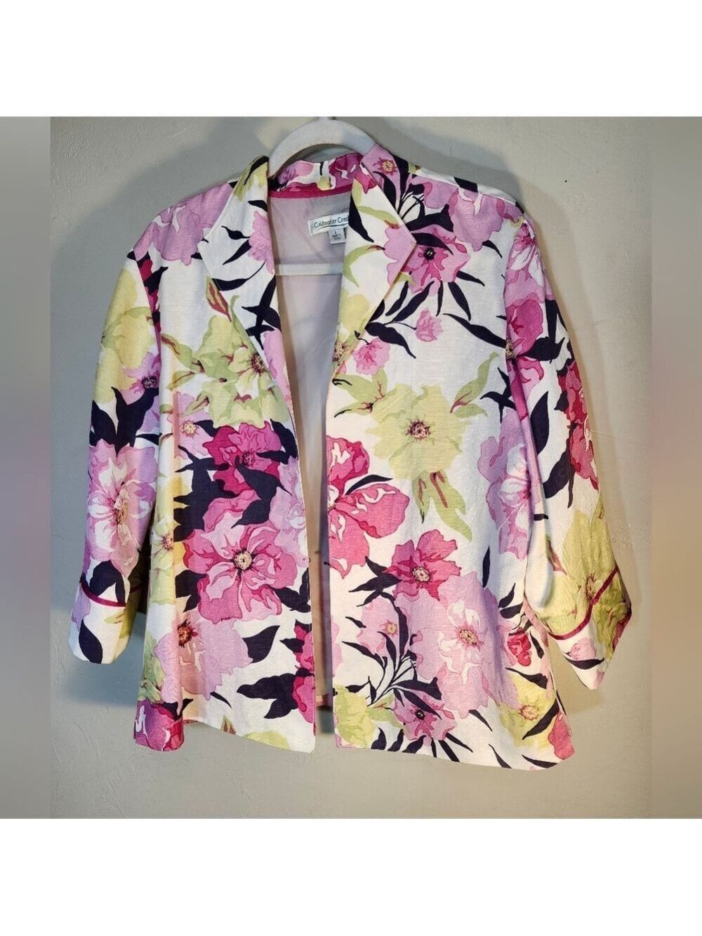 Coldwater Creek Linen & Silk Pink and Yellow Floral Blazer Lined Sz L